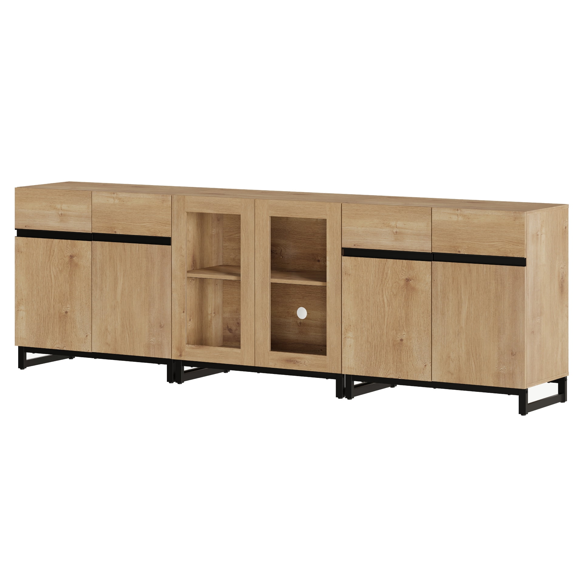 Modern Sideboard With Adjustable Shelves, 3 In 1 Storage Cabinet With Glass Doors, Coffee Bar Cabinet For Living Room, Kitchen,Oak