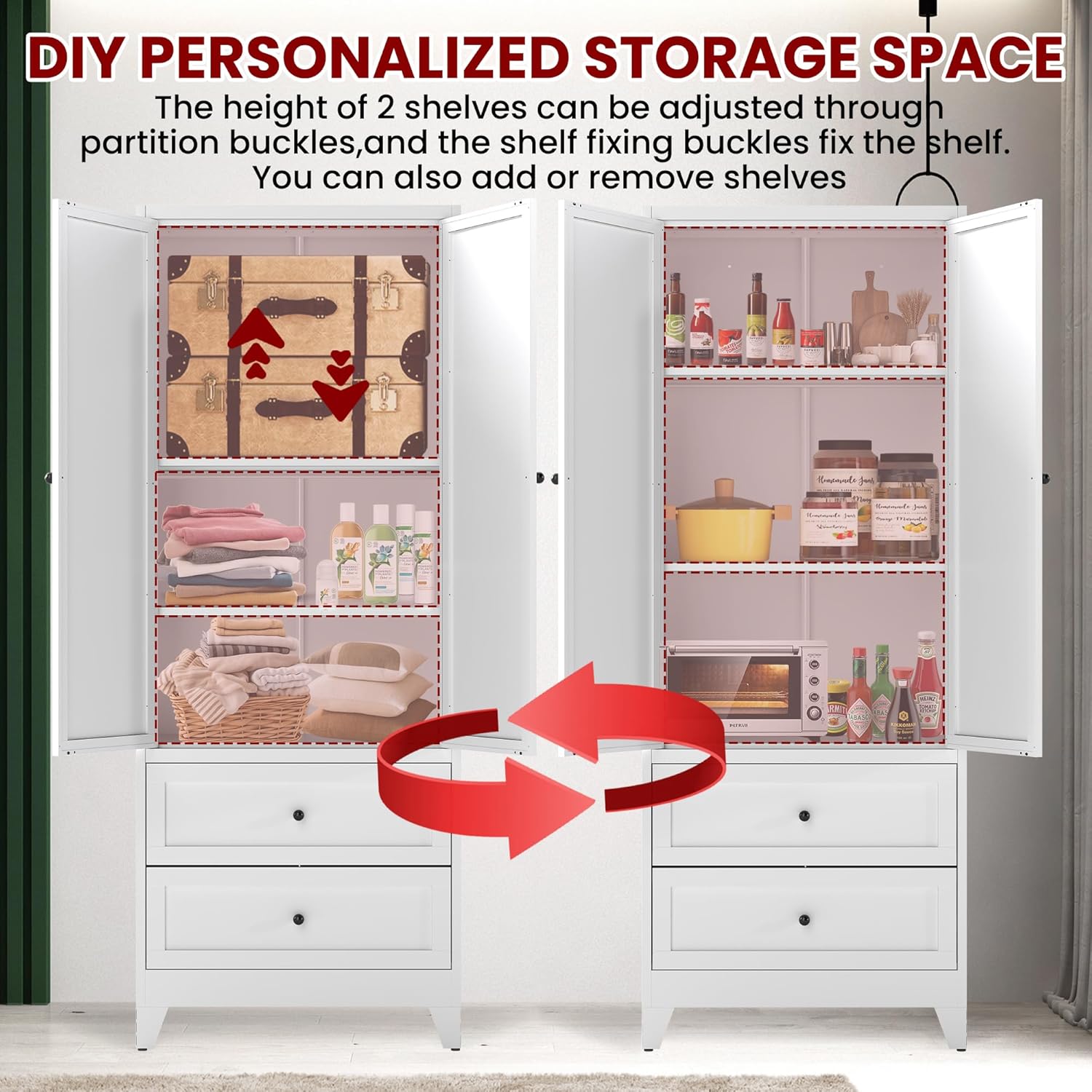 IKIMI 72" White Metal Pantry Cabinet with 2 Drawers and Adjustable Shelves, Tall Kitchen Storage Cabinet, Freestanding Cupboard for Dining Room, Bathroom, Laundry Room