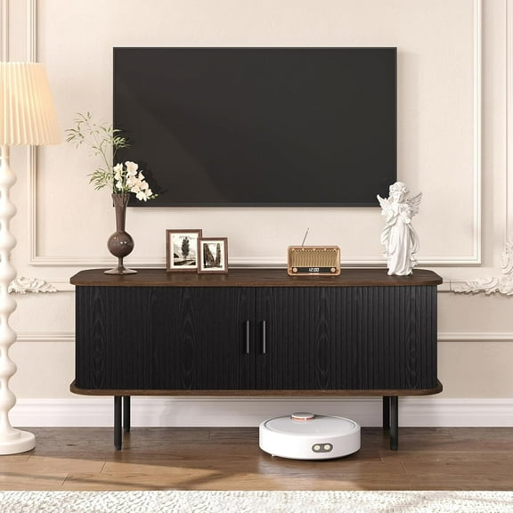 47" Modern Fluted TV Stand for TVs up to 60 Inch , Gaming Entertainment Center with Tambour Slatted Sliding Doors and Storage Cabinet, Media TV Consoles Table for Living Room, Office, Black