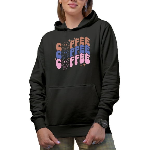 Coffee, Coffee, Coffee, Wavy Text & Retro Melting Smiling Face Art Merch Gift, Black Hooded Sweatshirt or Hoodie, Small