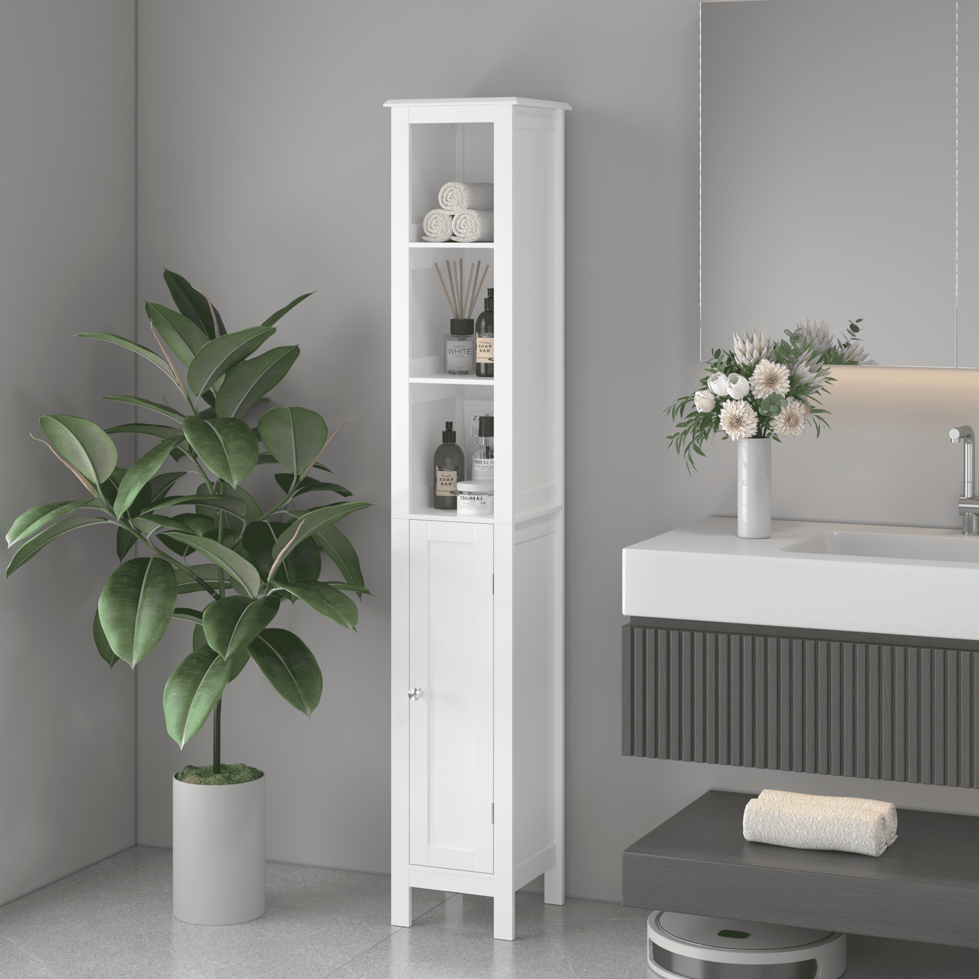 Euroco Tall Narrow Bathroom Storage Cabinet with Adjustable Shelves, Freestanding Floor Cabinet with Reversible Doors for Bathroom, Kitchen, or Living Room, White