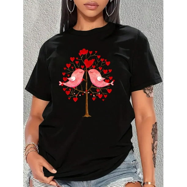 Happy Valentines Day Heart Lover Birds Heart Roses T-Shirt Print Crew Neck T-Shirt, Women Graphic T Shirts, Casual Short Sleeve T-Shirt For Spring & Summer, Women's Clothing