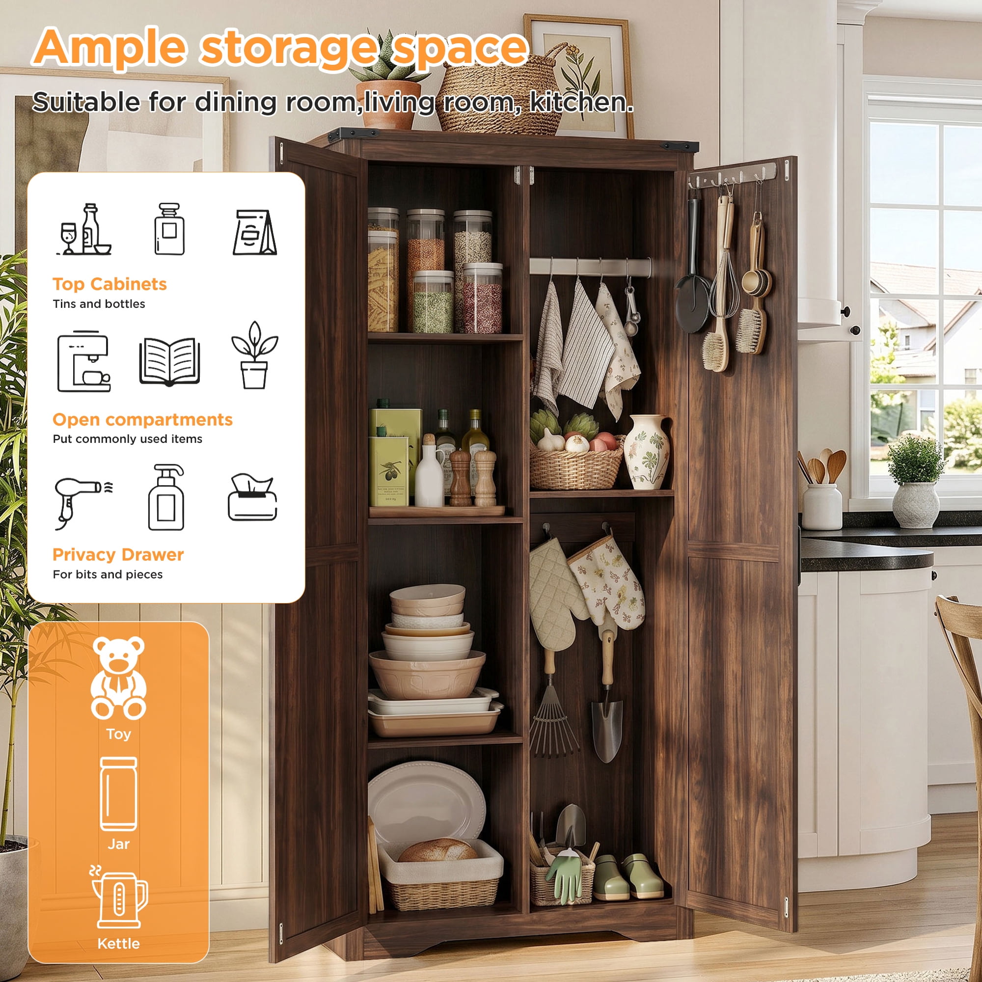 72"H Farmhouse Storage Cabinet with Adjustable Shelves, Large Pantry Organize with 2 Barn Doors, Tall Freestanding Cabinet for Kitchen, Bathroom/Garage/Basement/Living/Utility Room