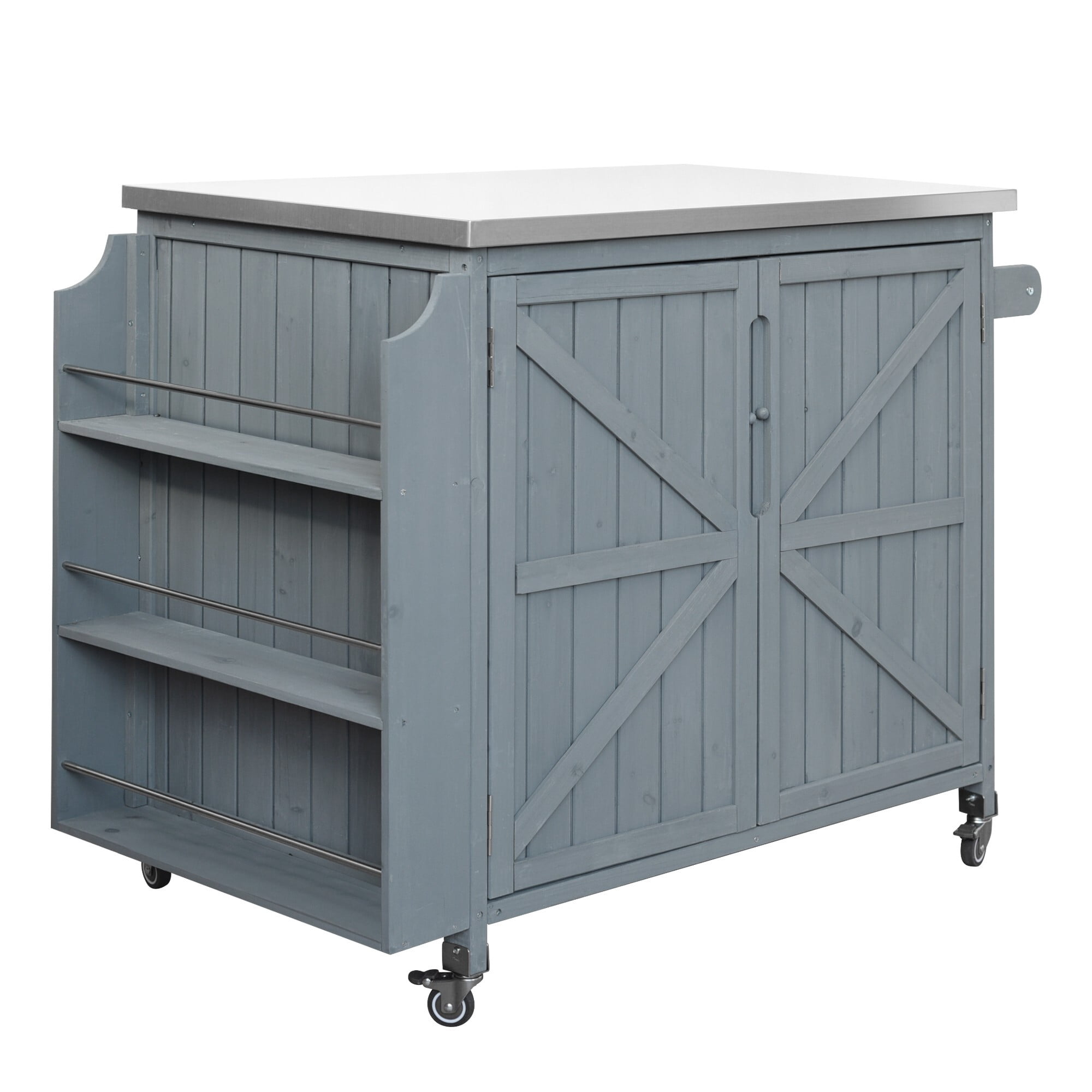 AENKYO 42" Outdoor Kitchen Island, Rolling Grill Cart with Stainless Steel Top, BBQ Prep Table with Cabinet, Blue