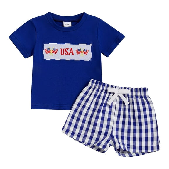 Staki 4th of July Shirt Kids 4th of July Infant Baby Boy Outfit Short Sleeve Letter Tops Toddler Boys Independence Day Party Shorts Set 0-24M 2-3Y(Blue,0-6 Months)