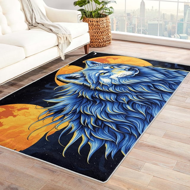 Wolf Rugs for Living Room Bedroom - Moon Rug 3x4 - Starry Sky Carpet for Home Decor - Washable Non Slip Patterned Indoor Small Area Rug - Soft & Low Pile (ZJ&234)