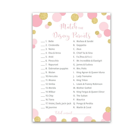 GIRL Baby Shower Game — CARTOON PARENT MATCH — Pack of 25 — Pink and Gold Polka Dot Baby Shower Game, Polka Dots Confetti Match Famous Cartoon Parents Fun Shower Activity Star Kids Match G810-DPM
