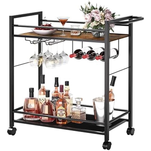 Bar Cart,Home Bar Serving Cart with Storage Shelves, 2 Tier Rolling Beverage Cart with Wheels, Modern Retro Brown Wine Cart with Wine Rack and Glass Holder for Kitchen, Dinning Room,Living Room