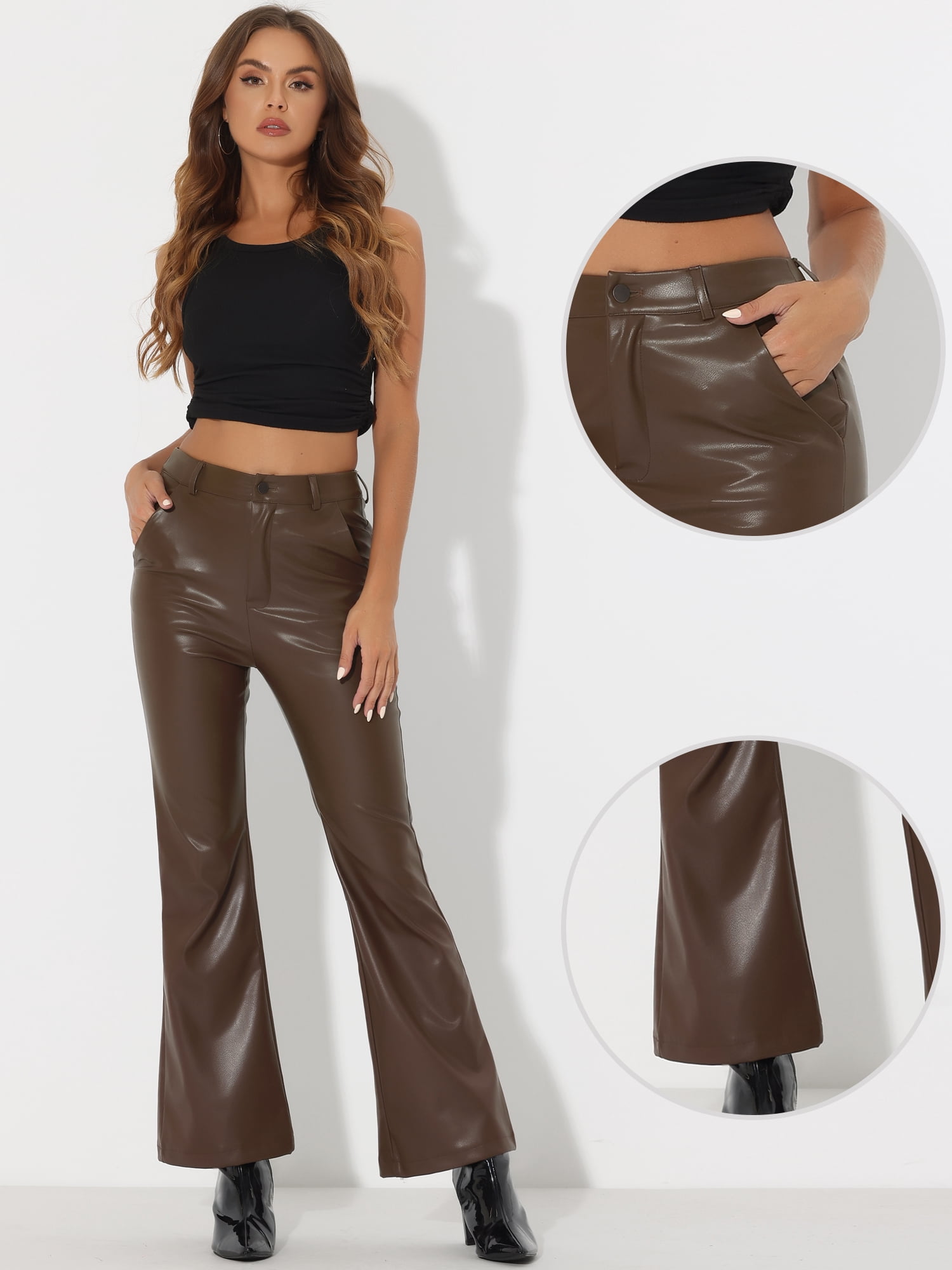 DARING DIVA Women's Faux Leather Flared High Waist Bell Bottom PU Trousers S Coffee