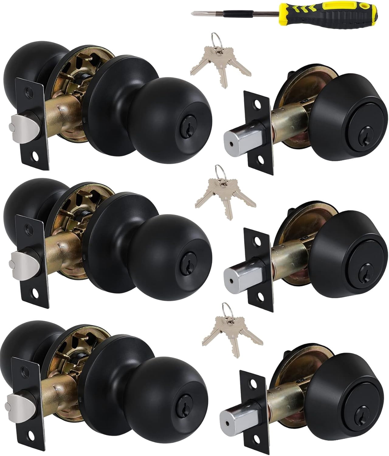 (4 Sets) All Keyed Same Entry Knobs&Single Cylinder Deadbolt for Exterior Front Doors, Round Ball Matte Black Finish Entry Door Lock with Same Keys
