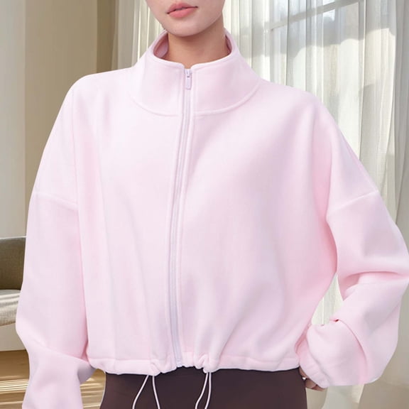 Pounoo Gift Winter Coats for Women Full Zip Fleece Short Jacket Long Sleeve Stand Collar Sherpa Crop Warm Winter Coat