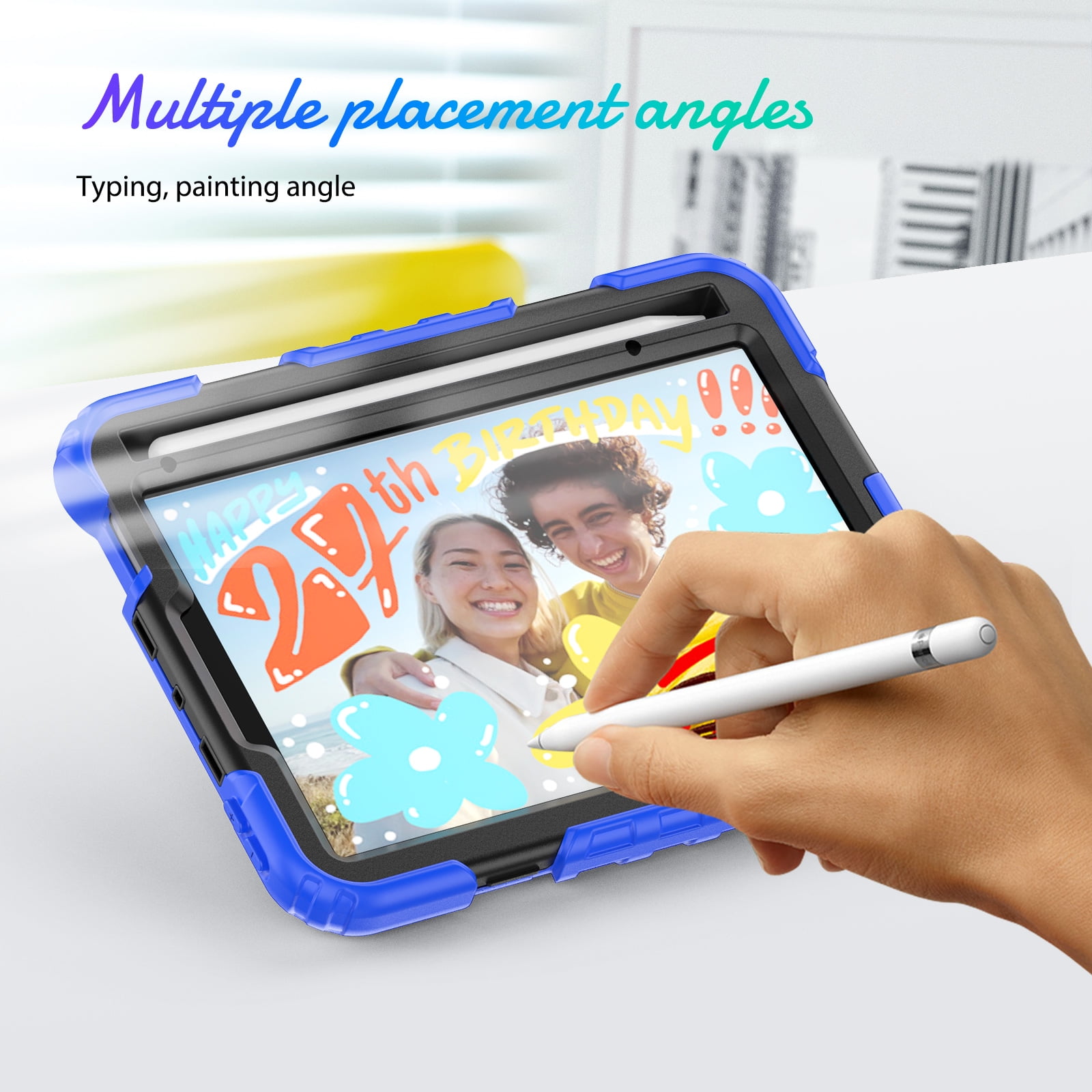 Shockproof Case for Apple iPad mini 6 /7 8.3" with Build In Screen Protector, Rugged Rotating Stand Shoulder Strap Pencil Holder Kids Friendly Bumper Case for Apple iPad mini 6/ Mini 7, Blue