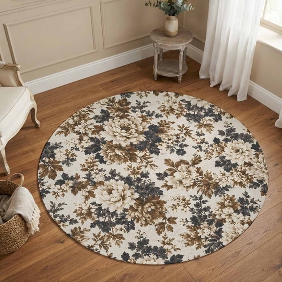 Brown Flower 3FT Round Area Rug Vintage Floral Blossoms Gray Leaf Rustic Farmhouse Small Round Rugs Non-Slip, Ultra-Thin Washable Rug Low Pile Circle Carpet for Bedroom Kitchen Nursery