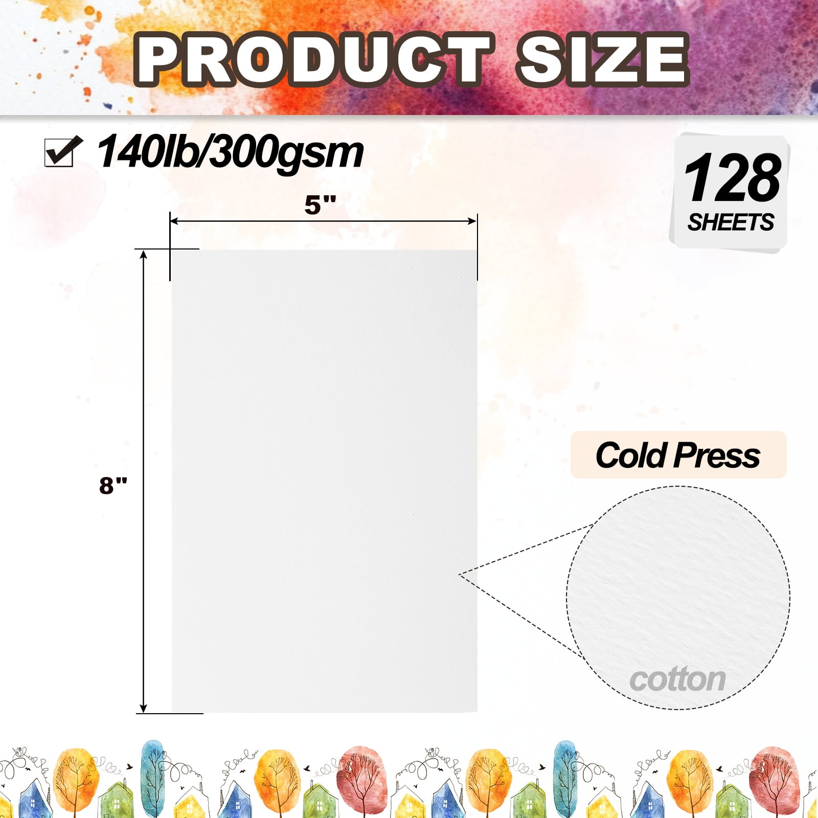 Uxcell 128 Sheets Cotton Watercolor Paper 140lb/300 GSM Paint Paper 5x8 Inch