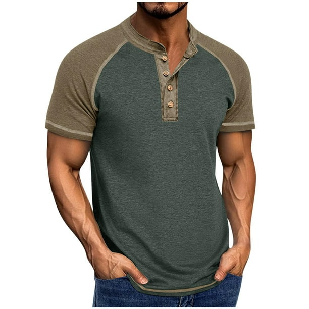 Blusa de Manga Corta de los Hombres Botones de Color Sólido Al Aire Libre Respirable Cuello Redondo, Sudadera Suelta Casual para Diario