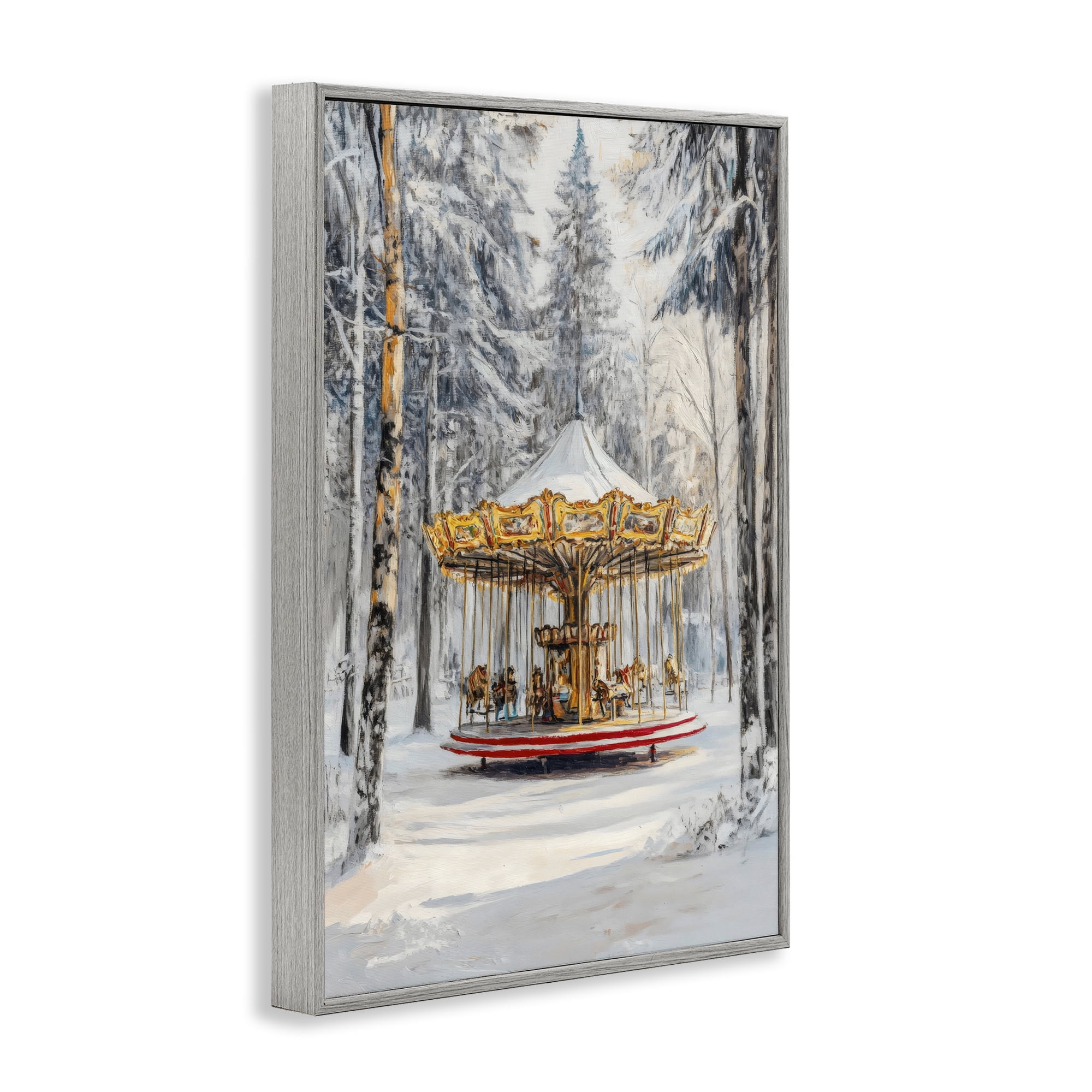 Winter Wonderland Carousel Gray Framed Giclee Art, design by Petal Prints Design