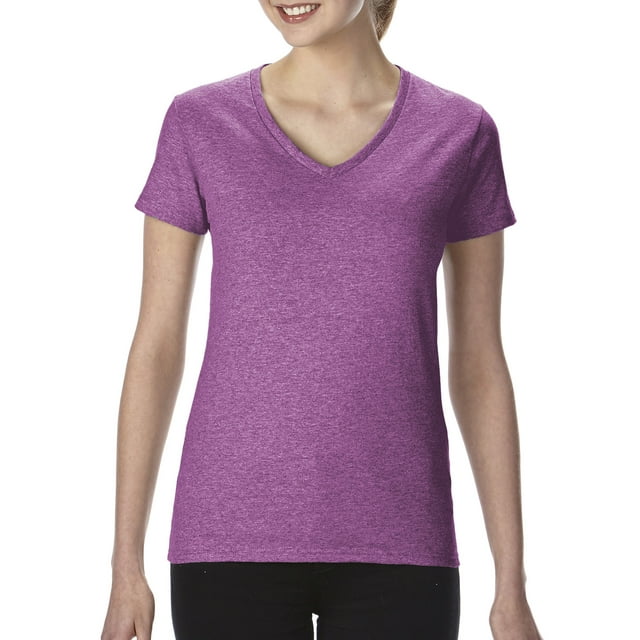 T-Shirt à Col en V pour Femmes en Coton Épais, L, Orchidée Radiant Chiné
