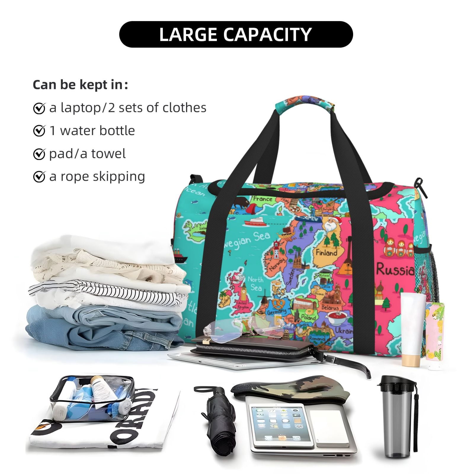 Fuzoiu Cartoon Map Of Europe Print Travel Duffle Bag,Carry On Tote Bags,Duffel Bag,Sport Gym Bag, Hospital Bag for Labor and Delivery, Overnight Bag,Luggage Bag