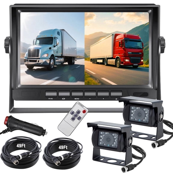 AHD 1080P RVs Backup Camera System, 7" Split Screen Monitor Dual Rear View Waterproof Night Vison Reverse Camera with Parking Lines for Truck/Bus/Motorhome/Semi-Trailer/Tractor/5th Wheel 12V-24V