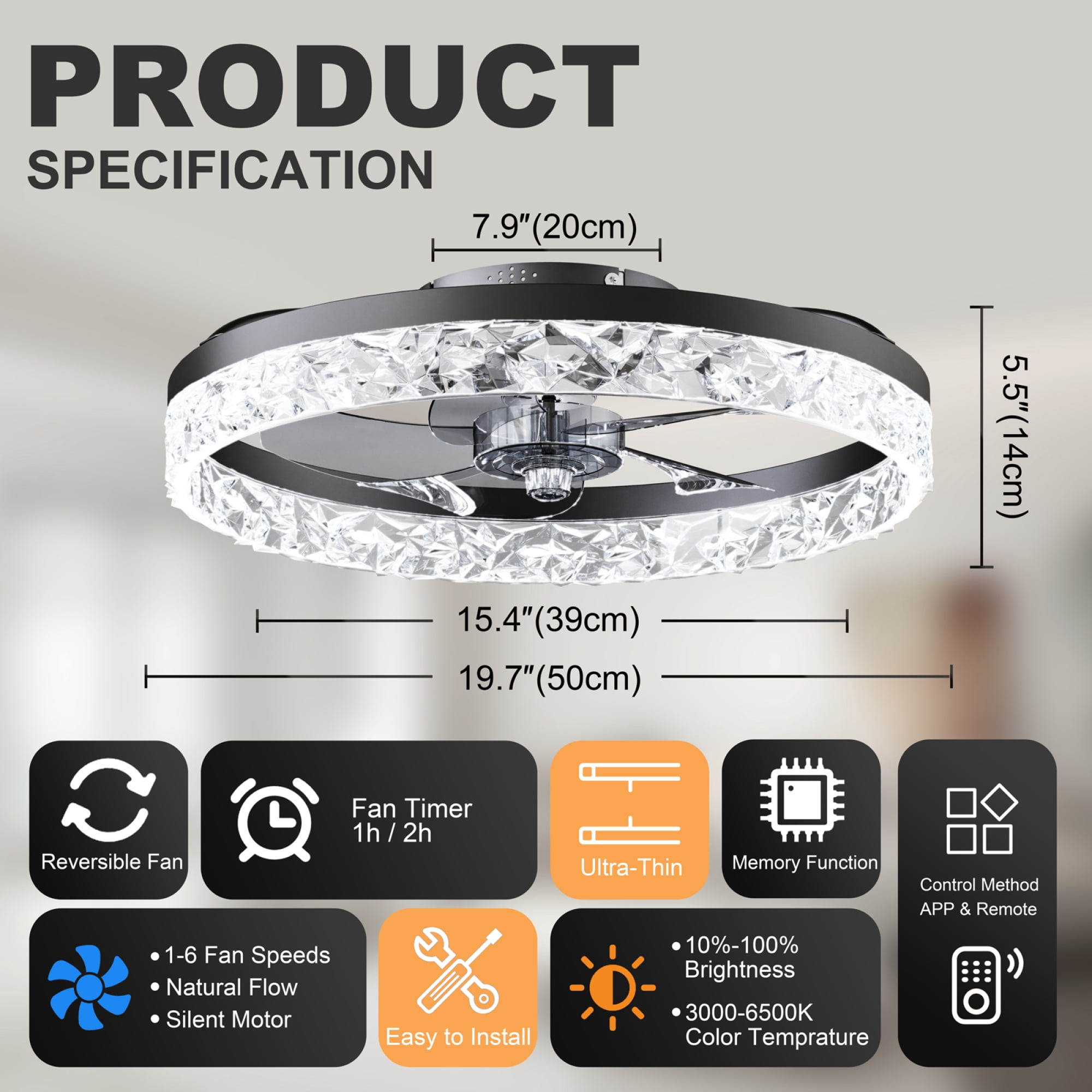 Leumius 19.7" Ceiling Fans with Lights Remote and APP Control, Dimmable 3-Color and 6-Speed quiet DC Motor, Ceiling Fan for Living Room Bedroom Black