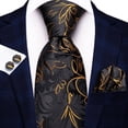 thumbnail image 2 of Hi-Tie Mens Black Gold Tie and Handkerchief Set Silk Floral Necktie Pocket Square Cuff-links Sets Wedding Business Holiday, 2 of 7