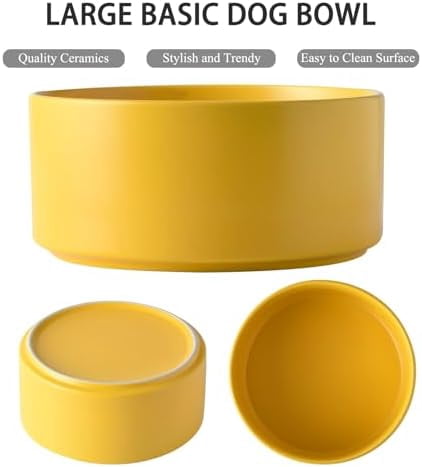 8'' Ceramic Raised Dog Bowl - 70Oz Dog Food & Water Bowl with Elevated Non-Slip Bamboo Stand, Dishwasher & Microwave Safe, Anti Vomiting Heavy Duty Pet Bowl for Medium and Large Dogs, Yellow