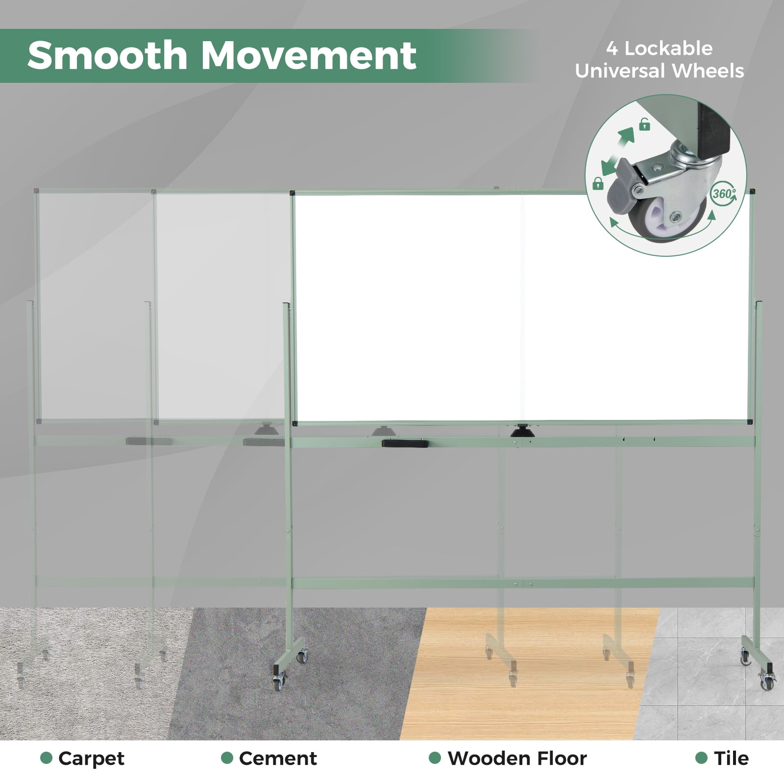 Costway 72" x 36" Double-Sided Magnetic Whiteboard with Stand and Aluminum Alloy Frame Green