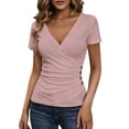 thumbnail image 3 of Craaazy Women's Solid Color Eyelet Print V-Neck Short Sleeve Buttoned T-shirts Casual Summer Top Gifts, 3 of 9