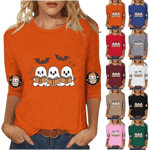 ZVAVZ Women's 3/4 Sleeve Halloween Tops Crew Neck Ghost Printed Tee Shirts Loose Fit Bat Graphic Tees Fashion Holiday T Shirt Blue S