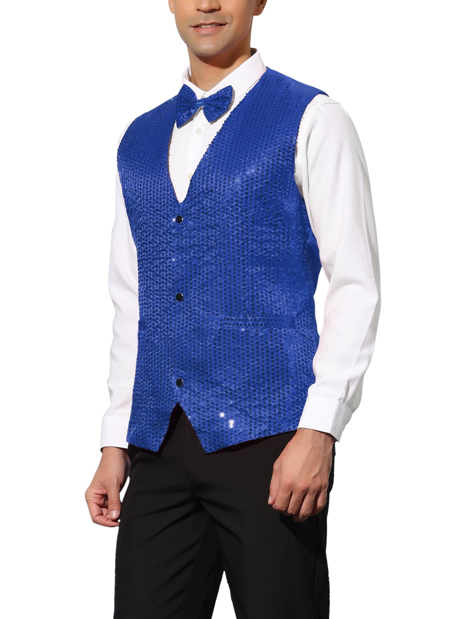 Unique Bargains Men's Sequin Waistcoat Sleeveless Dress Suit Vest with Bow Tie L Blue