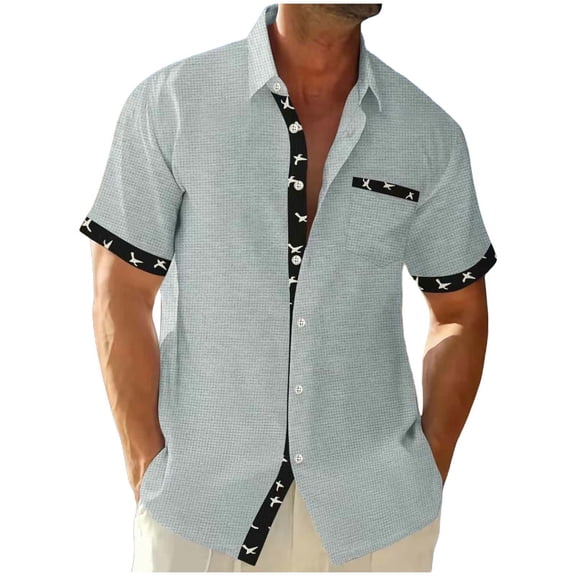 ZVNAΖH Men's Waffle Knit Bird Print Shirt, Short Sleeve Collared Button Down Casual Top with Contrast Placket, S-3XL