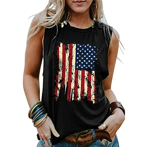 Womens American Flag T-Shirts 4th of July Shirts Patriotic Independence Day Tops (L,Black)