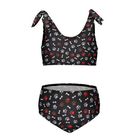 Black & Red Plaid Paw Prints Girl s 2 Piece Bikini Set Beach Sport Swimsuit Swimwear 11-13Y160cm