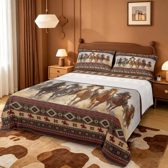 meiyoeat Vintage Cowboy Horse Aztec Print Bed Sheets For Boys,Rustic Western Pattern Full Size Sheets,4 Pieces,1 Flat Sheet,1 Fitted Sheet and 2 Pillowcases