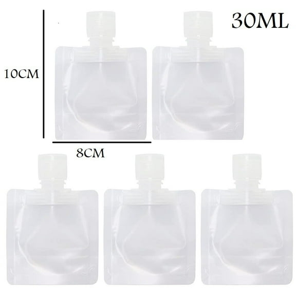 LITTLE HOME Clear Plastic Liquid Bags 5pcs Set - 30ml Reusable Leakproof Travel Containers for Shampoo, Soap, Lotion - Portable Toiletry Bottles with Wide Mouth & Stand Up Bottom