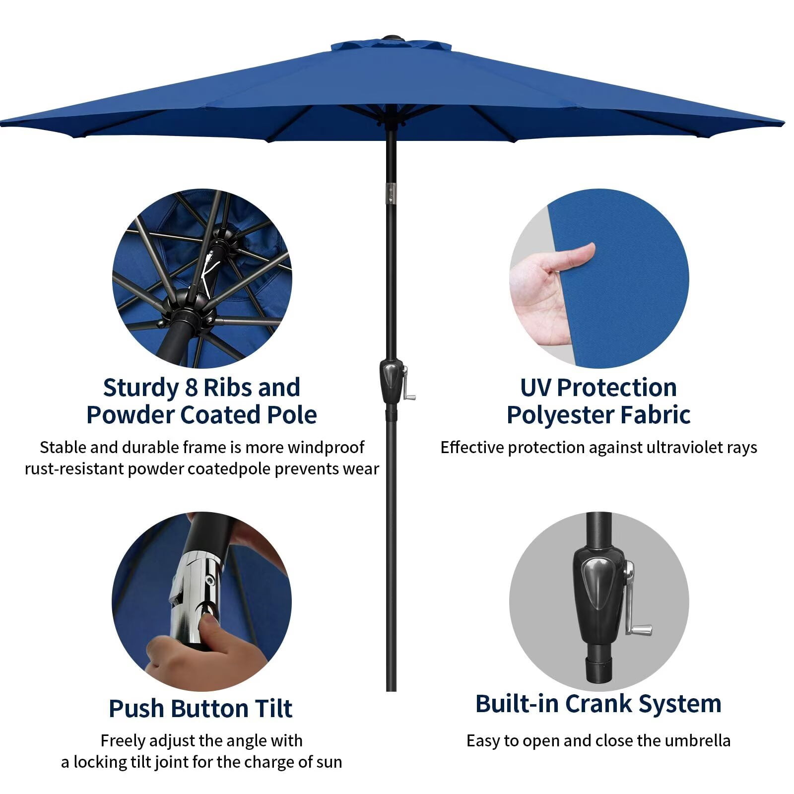 Simple Deluxe 9ft Outdoor Market Table Patio Umbrella with Button Tilt and 8 Sturdy Ribs, Blue, 1 Pack