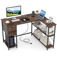 thumbnail image 1 of Gymax L Shaped Desk Corner Computer Desk w/ 2 Fabric Drawers Charging Station Rustic Brown & Black, 1 of 10