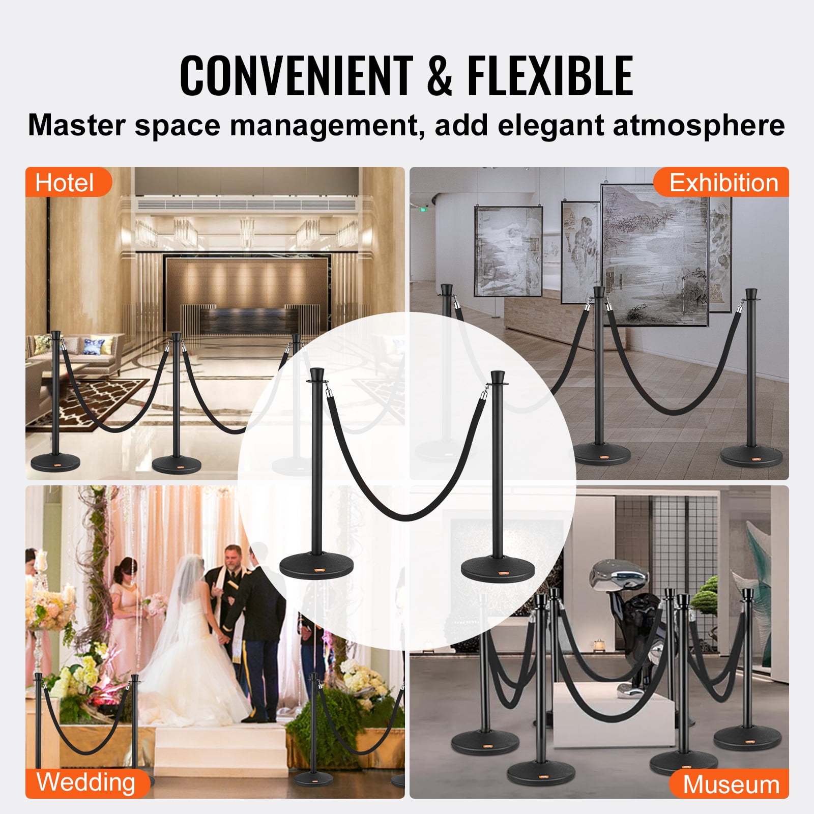 KFFKFF 6-Pack Stanchion Posts with Fillable Base Crowd Barriers Control Stanchions Carbon Steel Queue Pole w/ 6PCS 5FT Velvet Ropes Stanchion Set