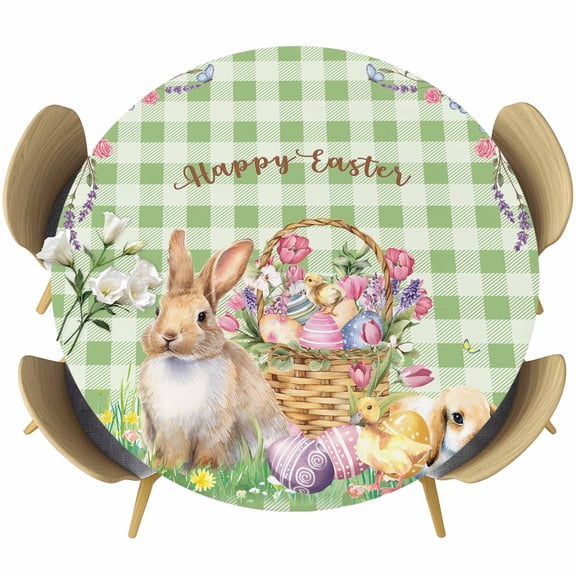 Easter Bunny Round Tablecloth, Fitted Table Cover with Elastic for 45"-54" Round Tables, Spring Easter Eggs Floral Sage Green Check Table Cloth Outdoor Indoor Dinning Party Waterproof Tablecloths