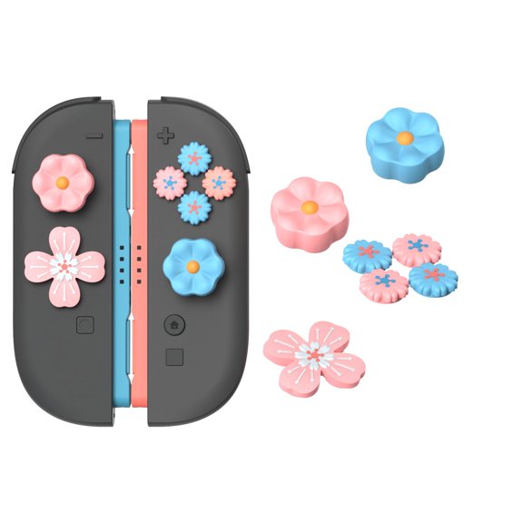 Nintendo Switch 2 (2025) Thumb Grips & Button Caps,7pcs Pink/Blue Flower Silicone Joystick Caps and Button Covers, Cute Controller Stick Gifts for Switch 2