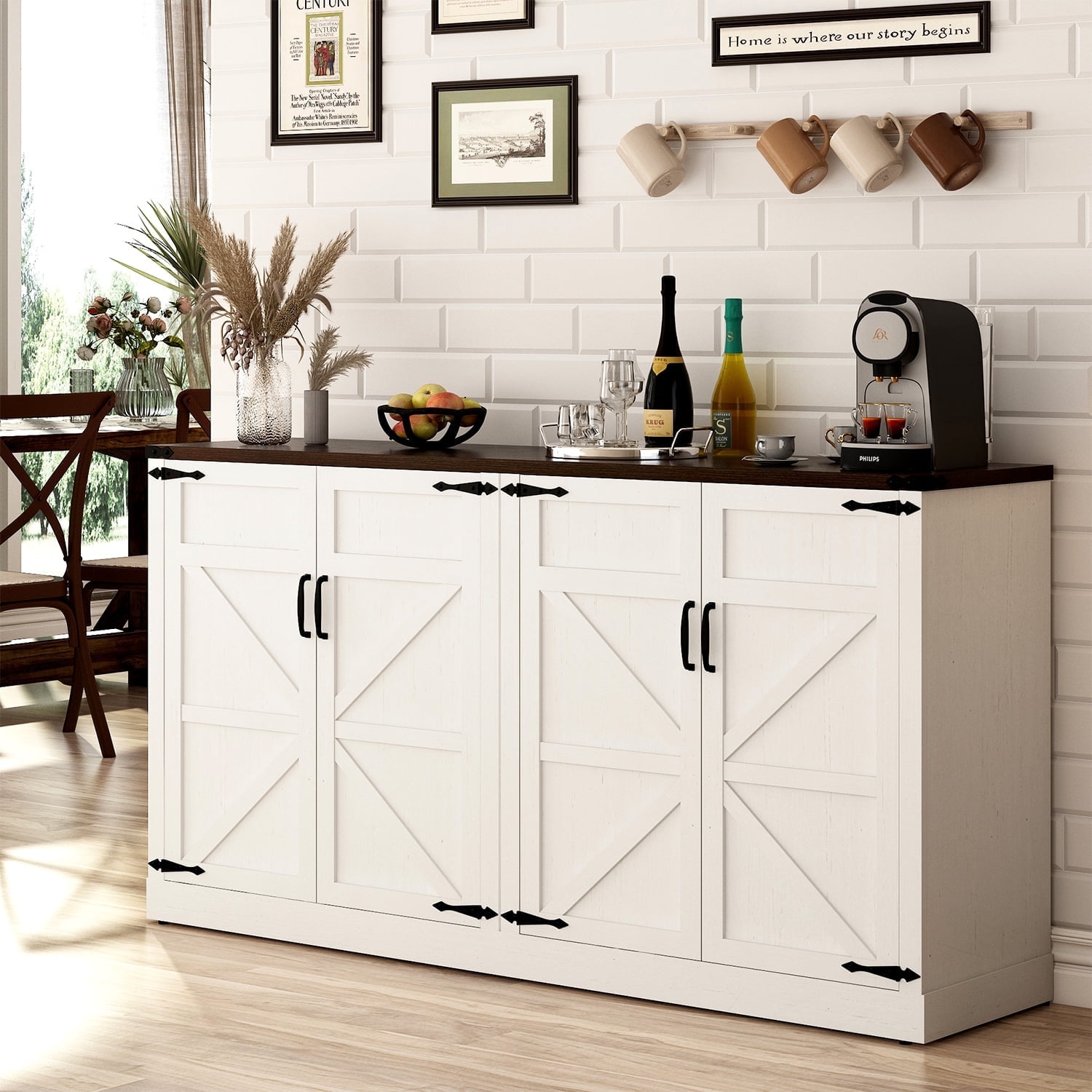 Blotout 65" Kitchen Modern Sideboard Buffet Cabinet Engineered Wood White Brown