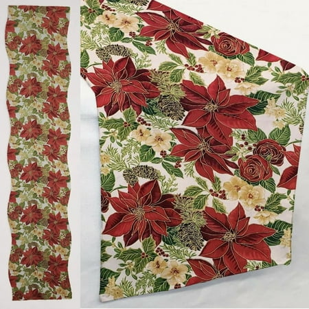 

Christmas Poinsettia Table Runner by Penny s Needful Things (3 Feet Long - SCALLOPED) (White)