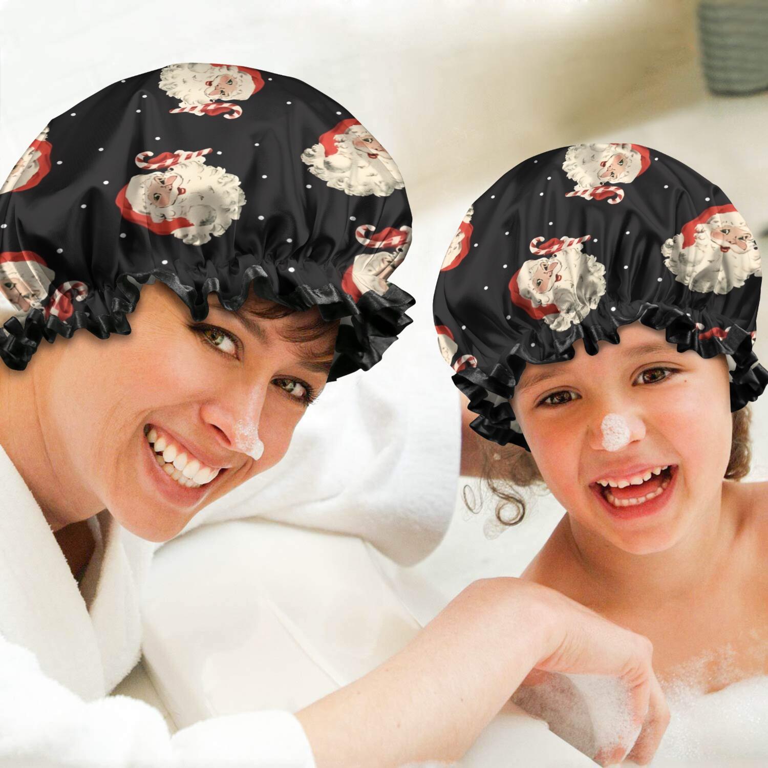 Shower Caps,Black Christmas Santa Pattern Waterproof Shower Cap for Women 4 Pieces,Double Reusable Hair Cover for Shower PEVA Elastic Stretch Hem