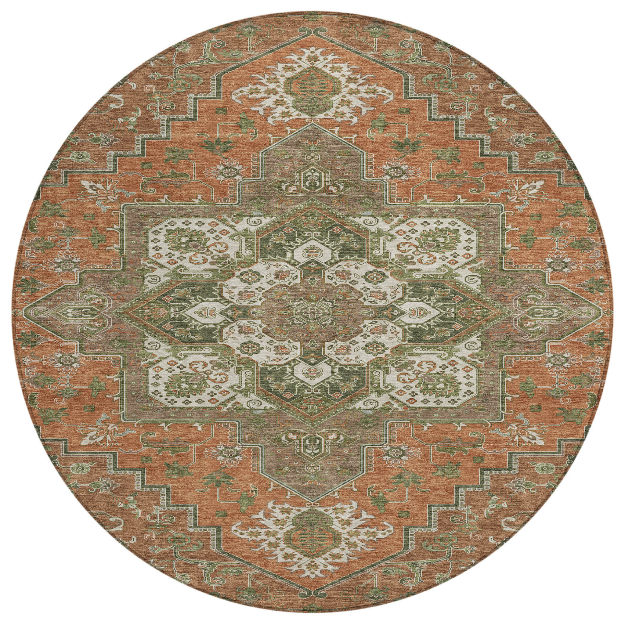 8' Rust Green And Brown Round Oriental Washable Indoor Outdoor Area Rug