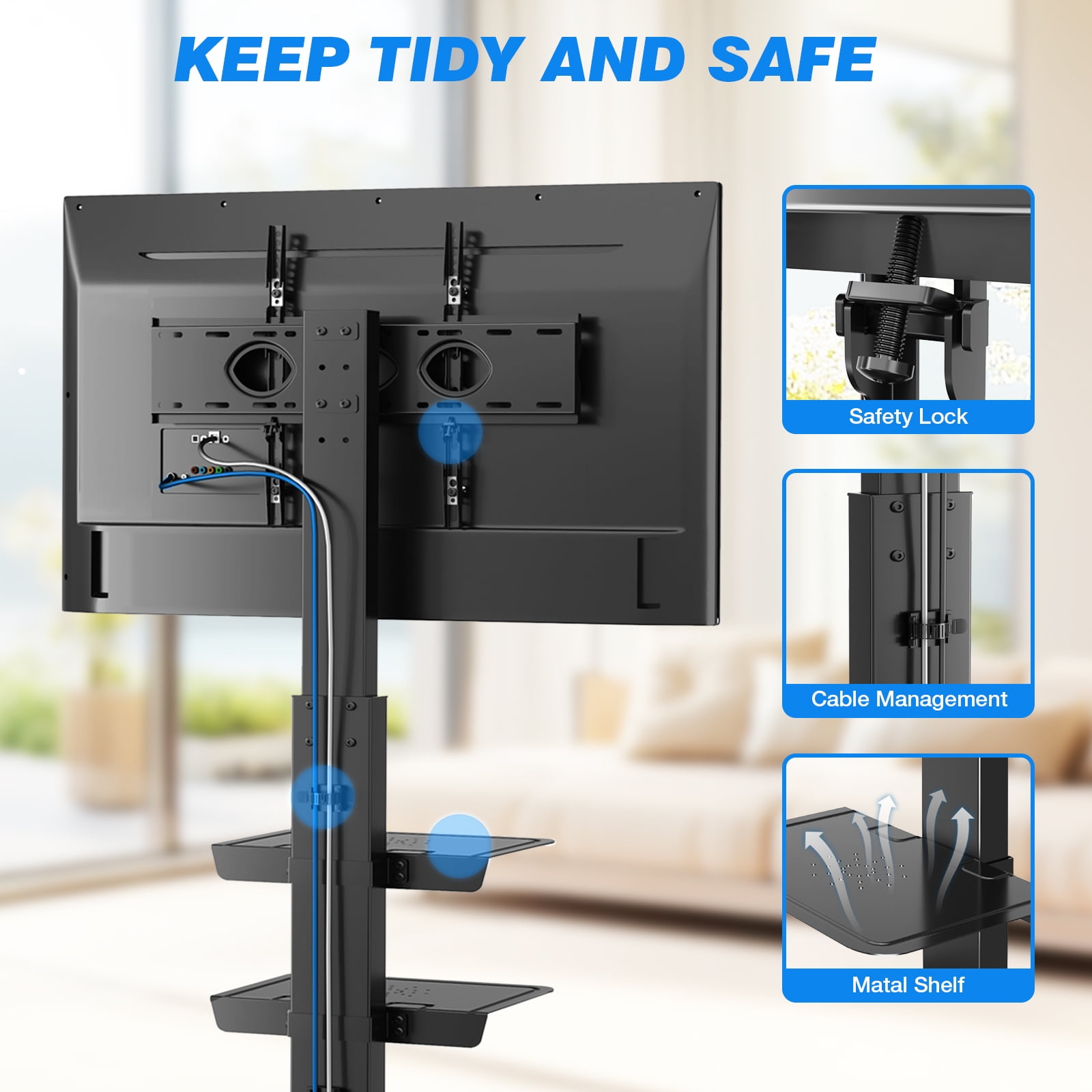 RTVR Universal Rolling Mobile TV Stand for 40-75 inch Flat Screens, Swivel Adjustable Corner Floor TV Stand for Home Office, Black
