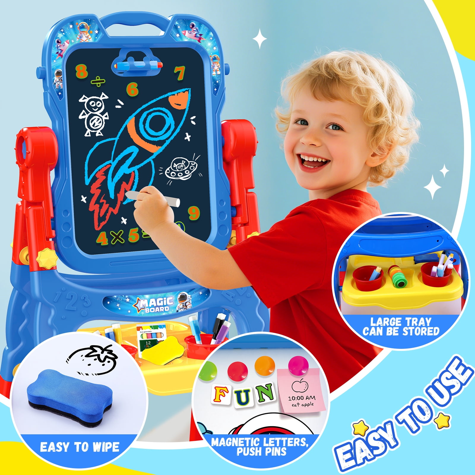 Art Easel for Kids - Adjustable Double-Sided Rotatable Magnetic White Board with Painting Accessories, Preschool Learning Toy for Girls 3-5 Years Old,Ideal Christmas Birthday Gift （Blue）