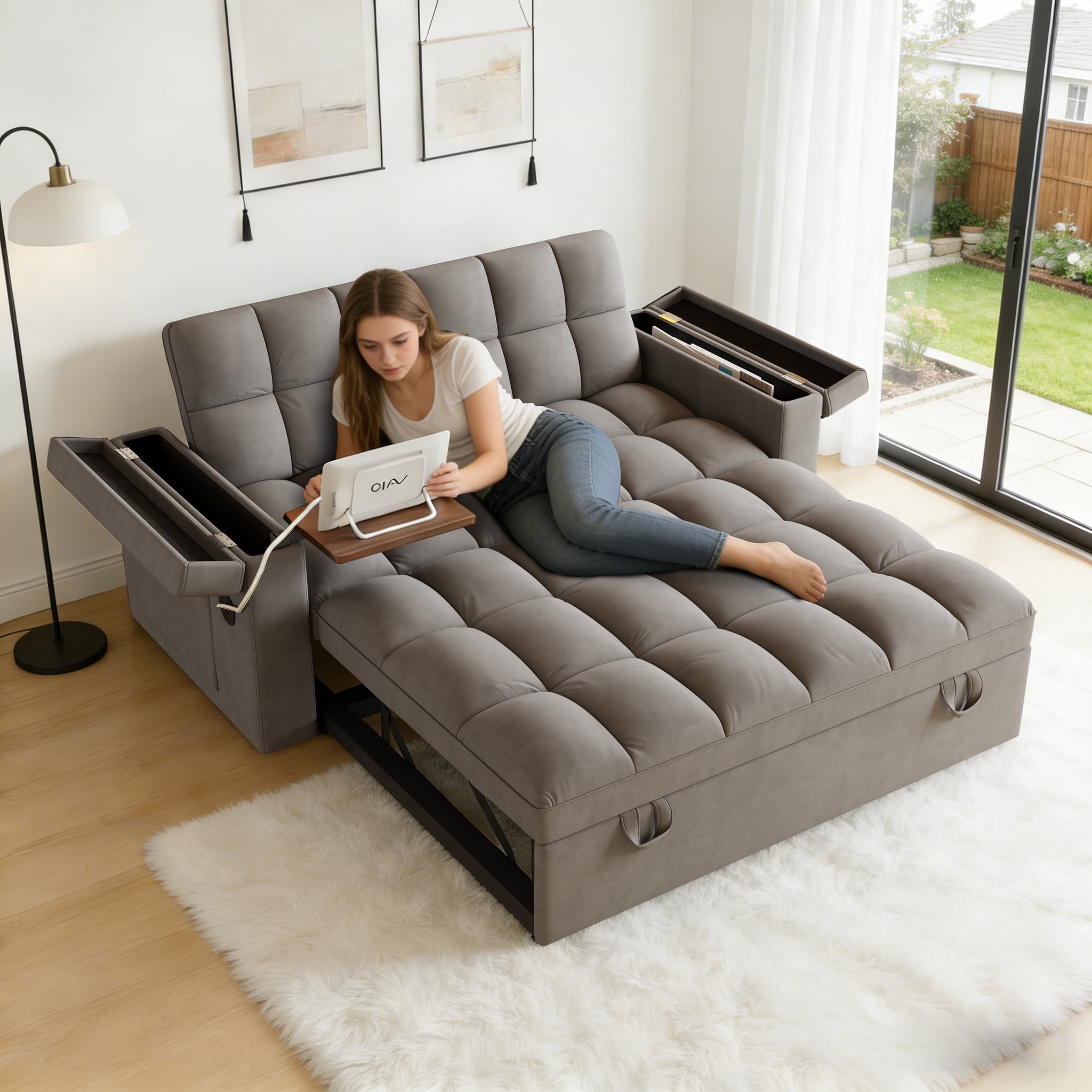 Gewnee 65" Foldable Sofa Bed with Table Board & USB,5-Level Adjustable Backrest & Pillow & Storage Armrests,Space-Saving for Living Room,Apartment,Office.Dark Grey