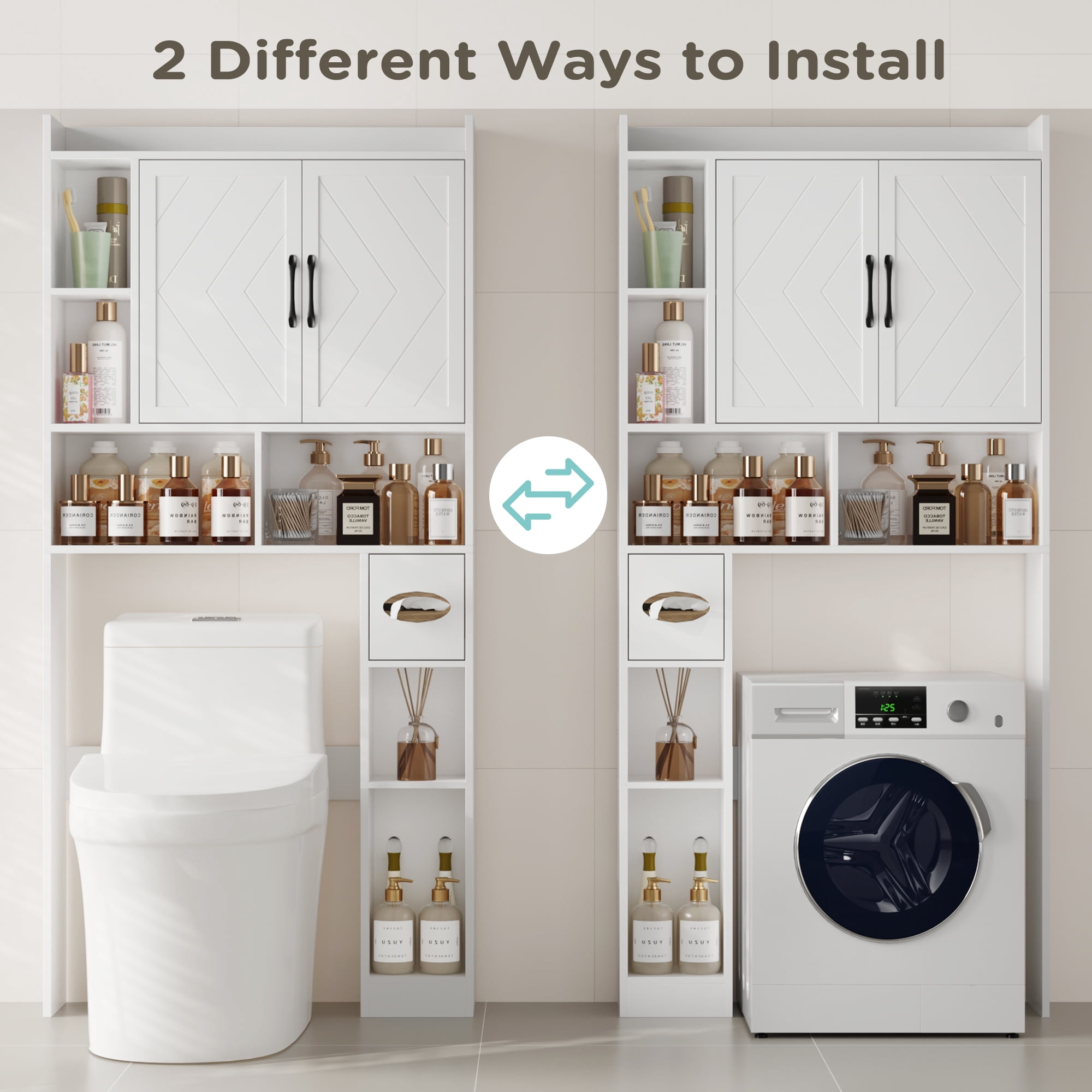 DIYART 67.8" H Over The Toilet Storage Cabinet with Adjustable Shelves & Toilet Paper Holder, Farmhouse Over Toilet Bathroom Organizer, Double Door Toilet Cabinet for Bathroom, and Laundry, White