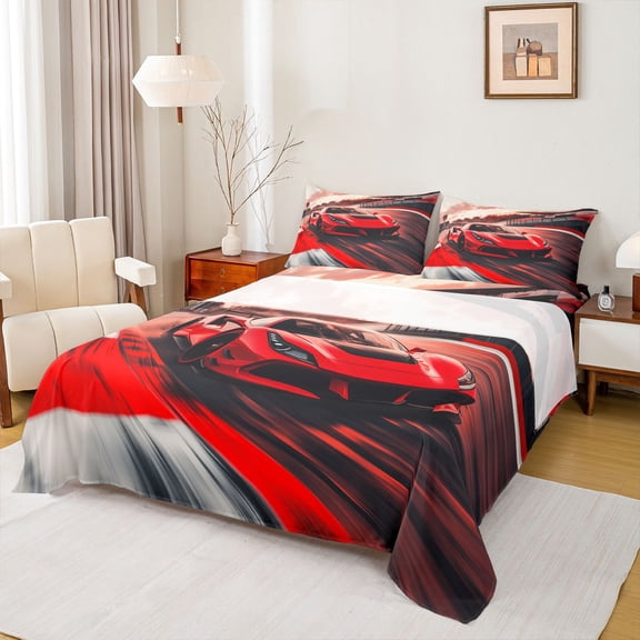 Erosebridal Teens Red Sport Car Bed Sheets 4pcs,Kids Boys Rally Race Fast Car King Sheets,Super Cozy Room Decor
