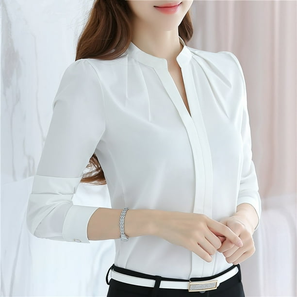 Camisa de gasa Blusa de gasa Manga larga Cuello alto Color puro Camisa de gasa de ajuste casual para mujer ANGGREK Otros